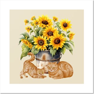 Watercolor sunflowers and orange cats Posters and Art